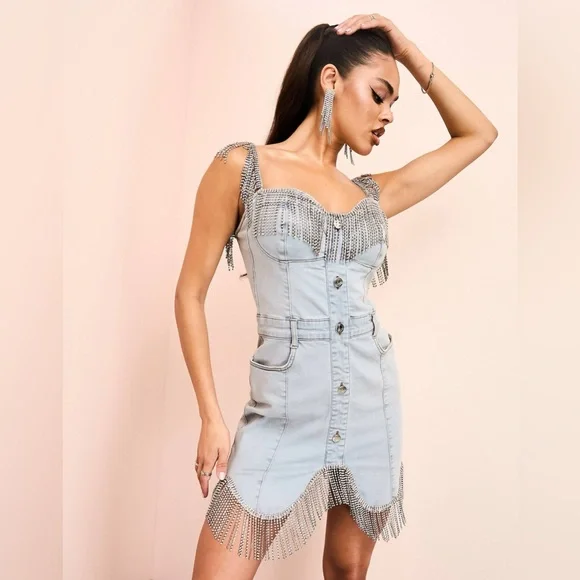 Denim Rhinestone Dress - Picture 1 of 6